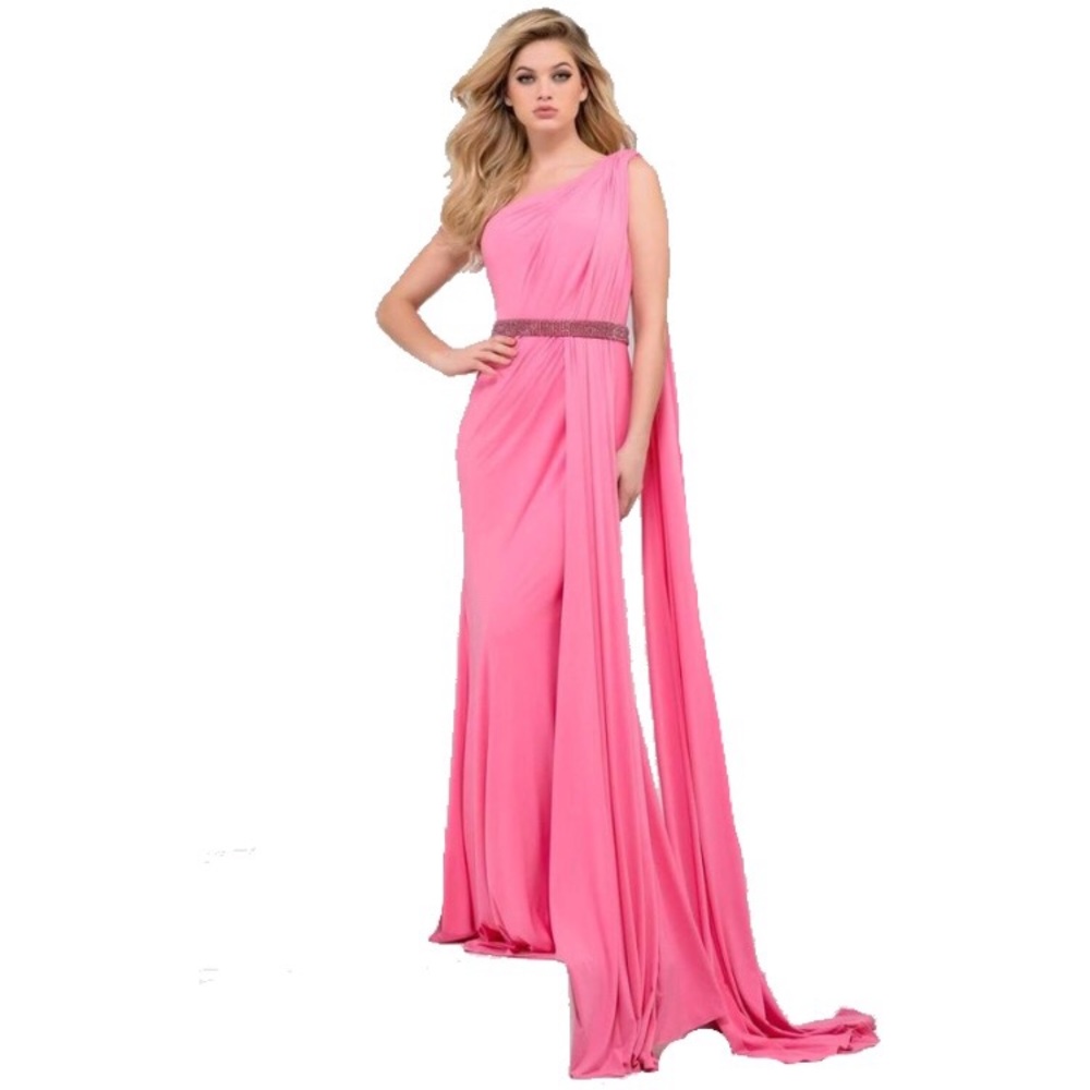 JOVANI Pink Ruched One Shoulder Gown! #40932